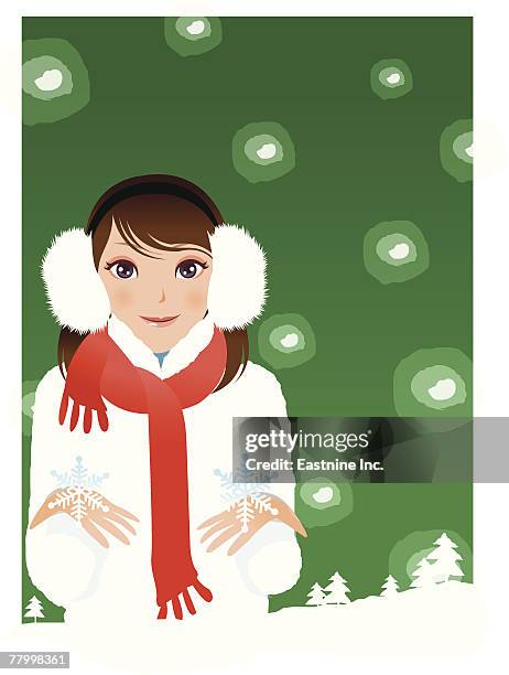 ilustraciones, imágenes clip art, dibujos animados e iconos de stock de portrait of a woman wearing earmuffs - melena mediana