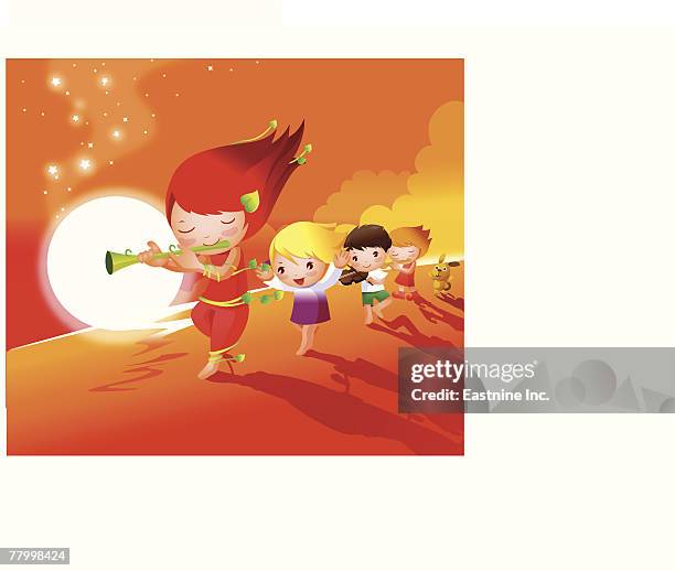 four children walking in a row and playing musical instruments - boy playing flute stock illustrations