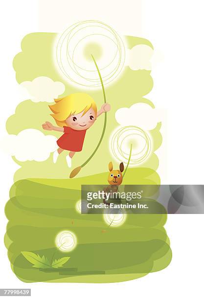 girl and her dog flying in the air holding flowers - landing touching down stock illustrations