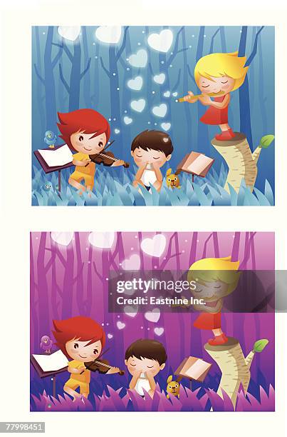 montage of two girls and a boy playing musical instruments in a forest - boy violin stock illustrations