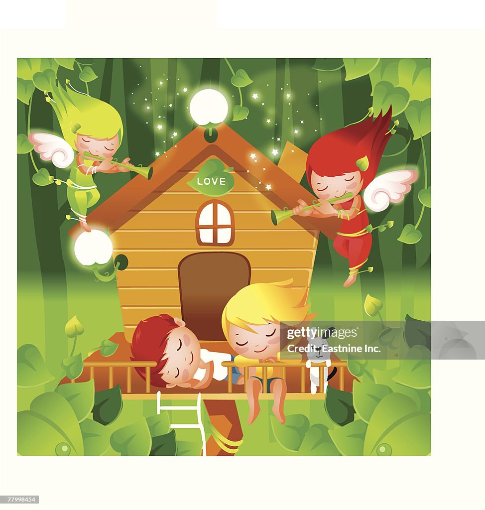 Boy and a girl sleeping with two angels playing flute