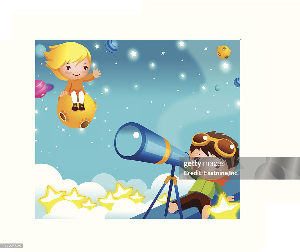 Boy looking through a telescope with a girl sitting on UFO
