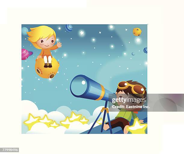 boy looking through a telescope with a girl sitting on ufo - kid sunglasses stock illustrations