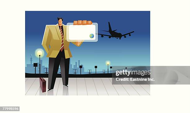 businessman showing his id card at an airport - holding business card silhouette stock illustrations
