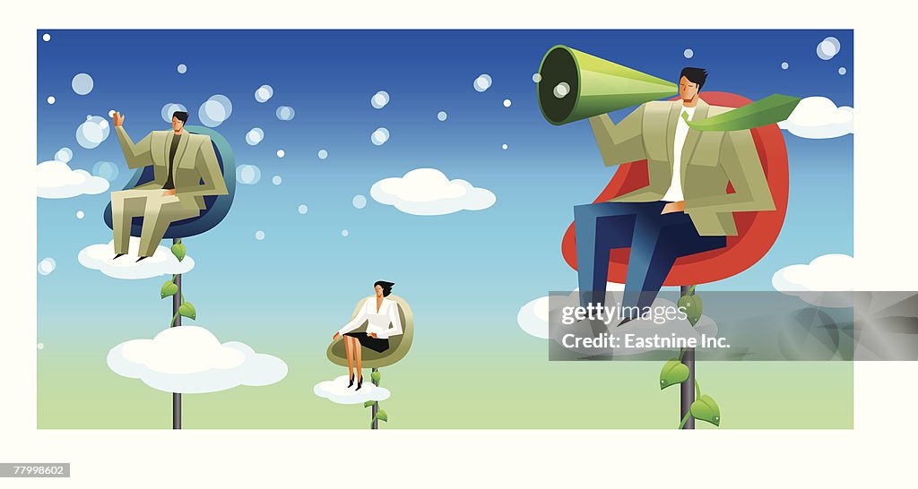 Three business executives sitting on chairs in the sky