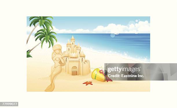 sandcastle on the beach - sand sculpture stock illustrations