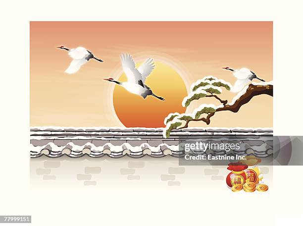 two cranes flying - sky-and-bird-soaring-and-three-birds-clip-art stock illustrations