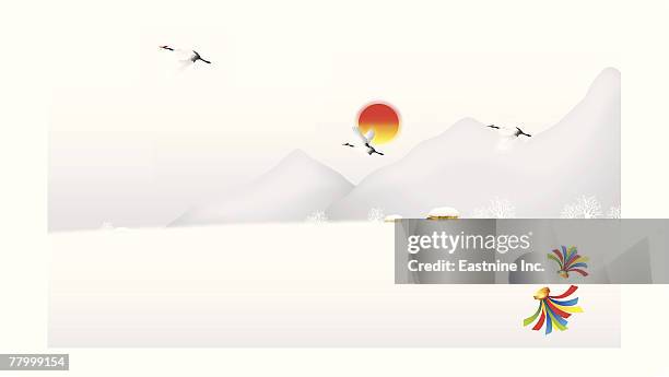 three cranes flying - sky-and-bird-soaring-and-three-birds-clip-art stock illustrations