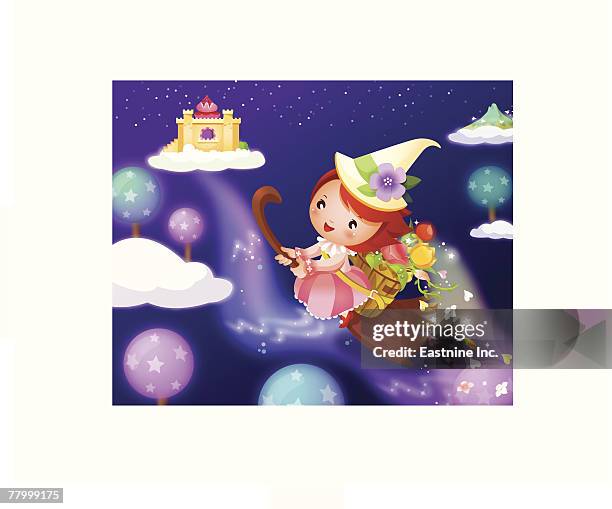 girl flying on a broom and carrying flowers in a basket - landing touching down stock illustrations