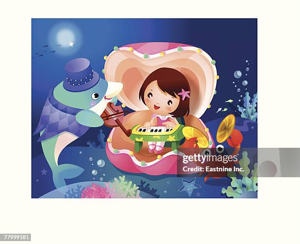 girl playing a piano in a shell with a dolphin fish and a crab - moon crabs stock illustrations