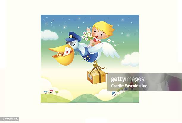 girl flying on a bird and holding bunch of flowers - landing touching down stock illustrations