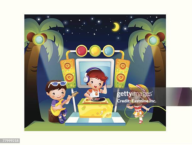 stockillustraties, clipart, cartoons en iconen met two boys and a girl performing on a stage - radio dj