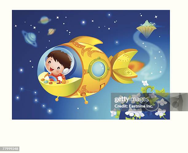 boy wearing headphones and driving a space travel vehicle - space shuttle driving stock illustrations