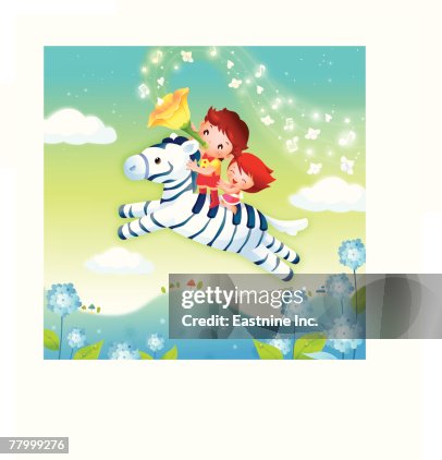 Boy And A Girl Riding A Zebra In The Sky High-Res Vector Graphic ...