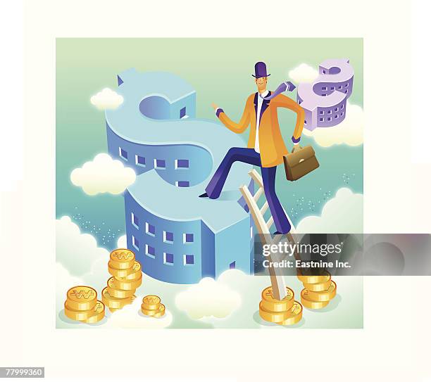 ilustrações de stock, clip art, desenhos animados e ícones de businessman climbing a ladder of success - chapéu panamá