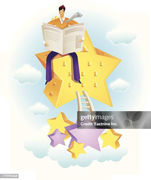 businessman reading a document and sitting on a star - reading outside stock illustrations