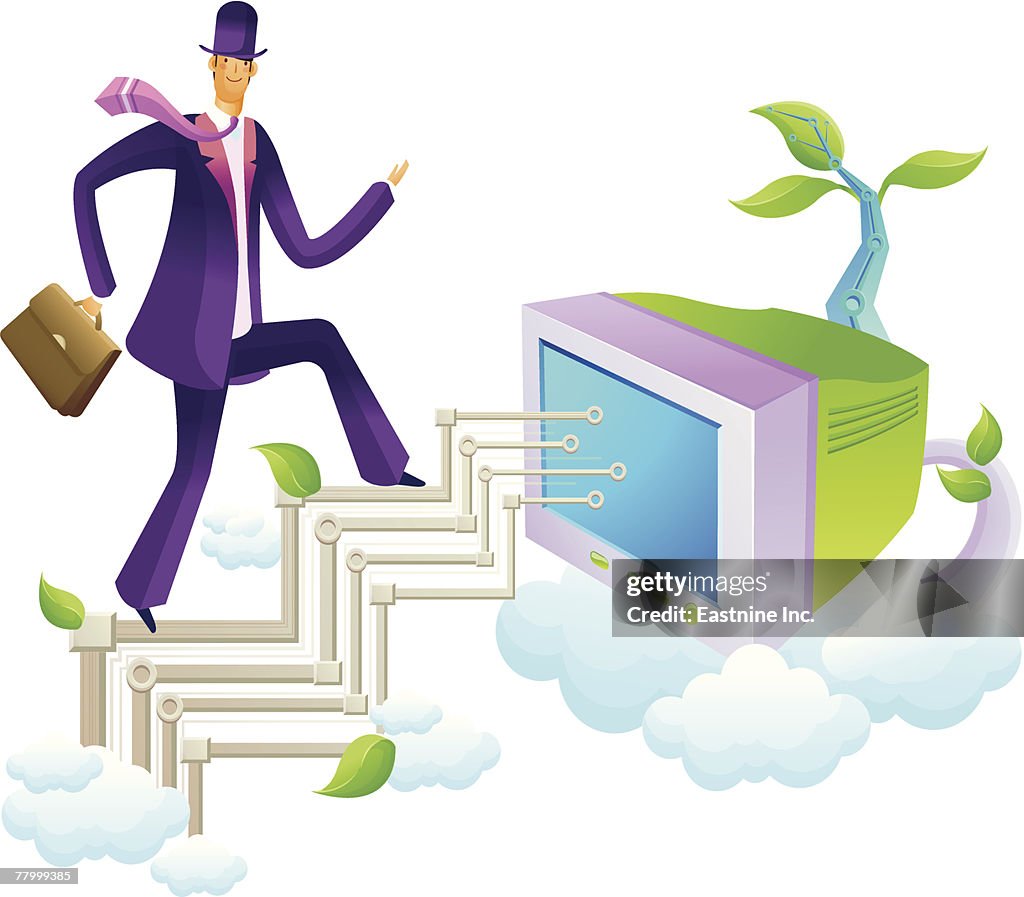 Businessman moving up on steps leading to a computer