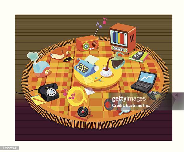 stockillustraties, clipart, cartoons en iconen met high angle view of a group of objects on a mat - welkom mat