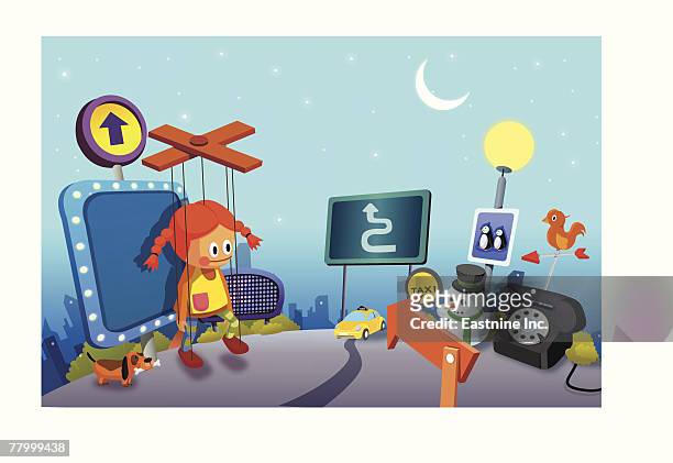 signboards and a marionette at night - snowman car stock illustrations