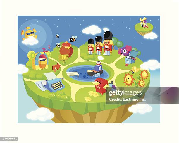 high angle view of a mailbox with a typewriter and toy soldiers - honey pool stock illustrations