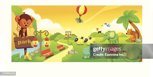 group of animals in a park - empty bench with ballon stock illustrations