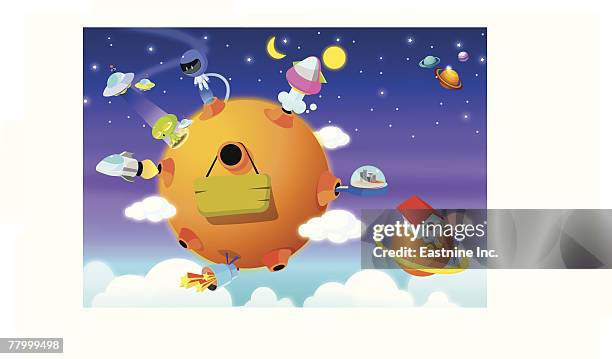 ufo's with planets in space - half moon stock illustrations