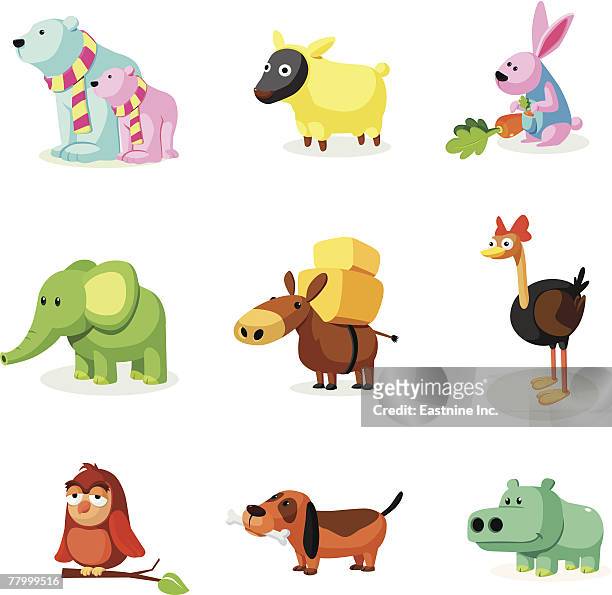 illustrazioni stock, clip art, cartoni animati e icone di tendenza di close-up of a group of animals - asino animale