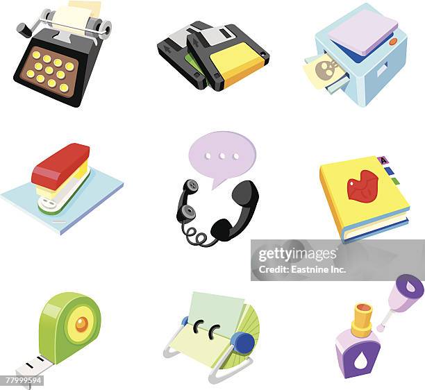 stockillustraties, clipart, cartoons en iconen met close-up of a group of office supply objects - tipp ex