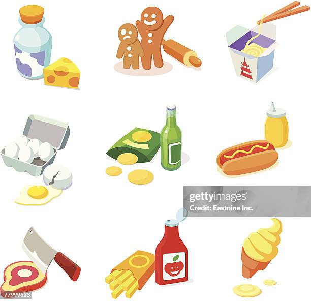 ilustraciones, imágenes clip art, dibujos animados e iconos de stock de close-up of various food items - yema de huevo