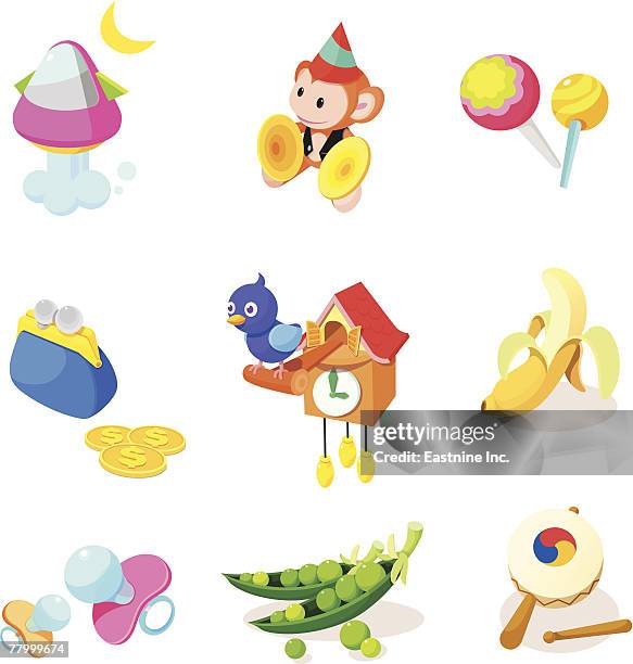 ilustraciones, imágenes clip art, dibujos animados e iconos de stock de various objects and toys on a white background - reloj de cuco