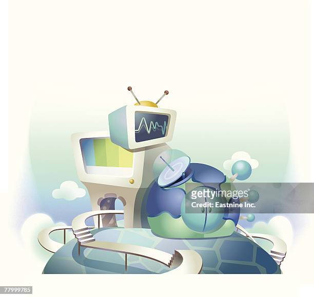 television and a computer near the globe - fernsehantenne stock-grafiken, -clipart, -cartoons und -symbole