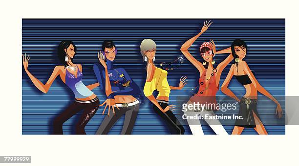 five women dancing in a nightclub - sleeveless top stock illustrations