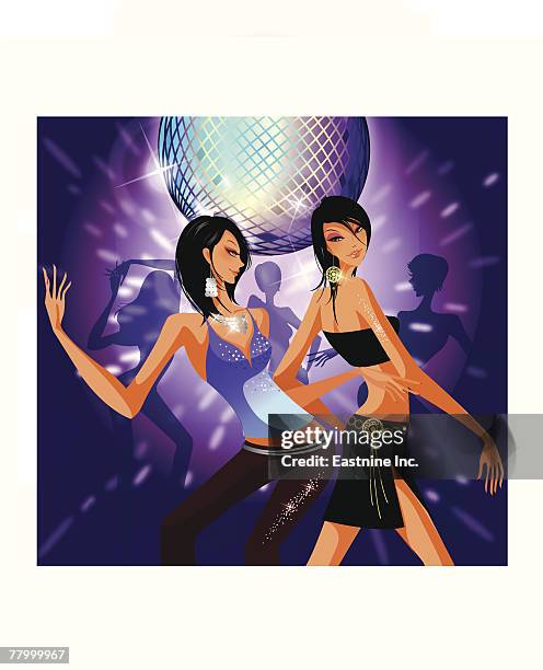 two women dancing in a nightclub - kicking-soccer-ball-clip-art stock illustrations
