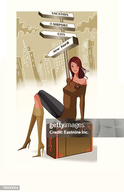 woman sitting on a suitcase at the roadside - patient journey stock illustrations