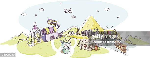airplane flying over mountains - rabbit ears stock illustrations