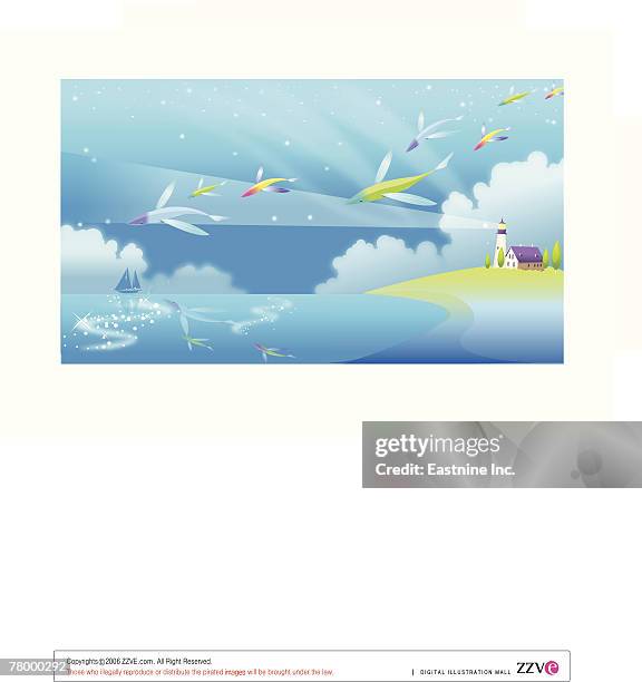 flying fish over the sea - building cloud reflection stock illustrations