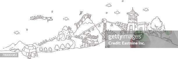 airplane flying over a city - igloo stock illustrations