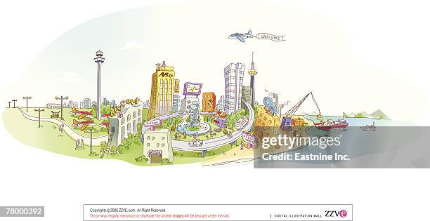 airplane flying over buildings - model airplane stock illustrations