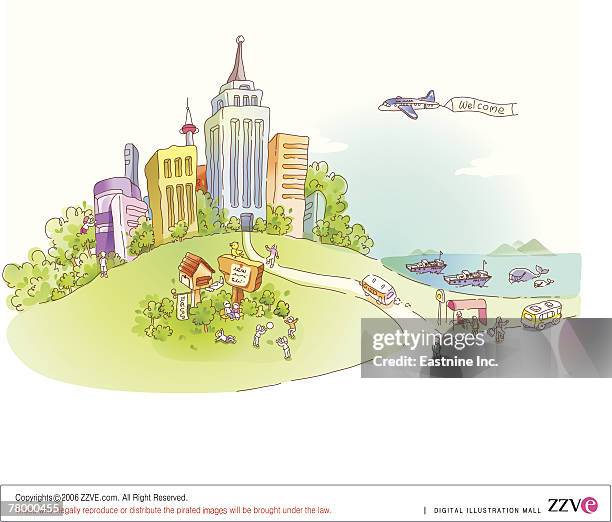 buildings on a seaside with an airplane flying above - fishing background vector stock illustrations