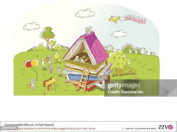 children playing over a pile of books - landing touching down stock illustrations