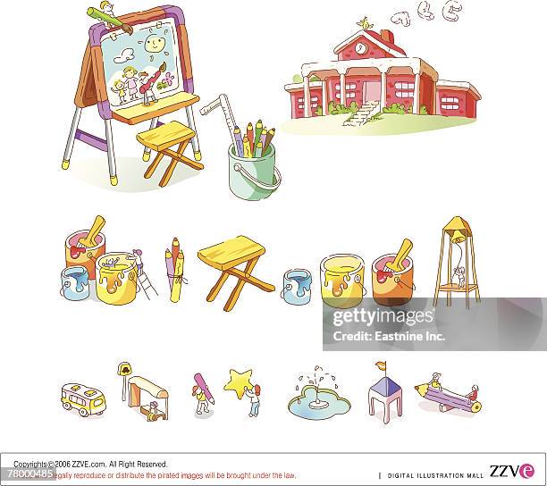 large group of objects on a white background - bus interior aisle stock illustrations