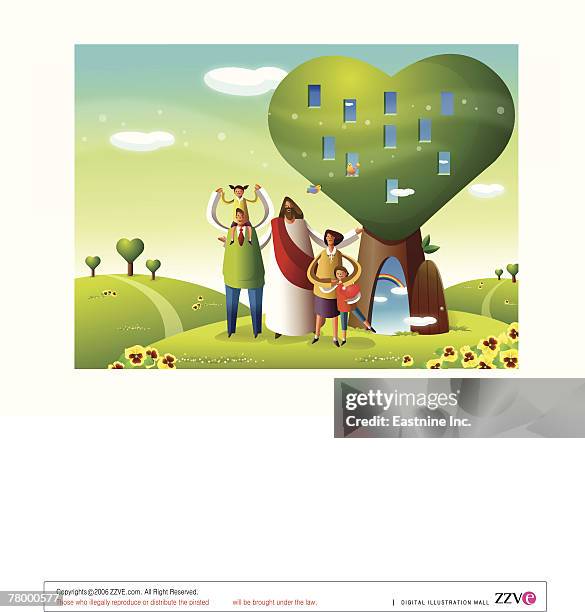 jesus christ standing with a family near a heart shaped tree - multiple generations stock illustrations
