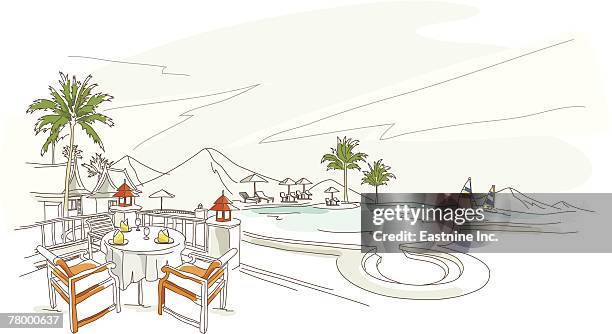 chairs and tables on the beach - chair rail stock illustrations