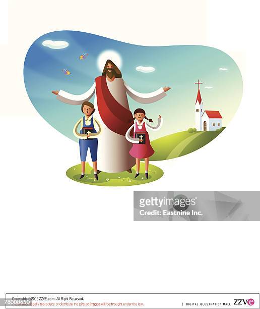 ilustrações de stock, clip art, desenhos animados e ícones de jesus christ standing with two children - louvar religião