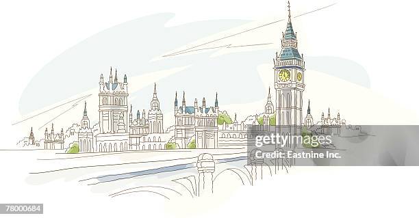 bildbanksillustrationer, clip art samt tecknat material och ikoner med bridge in front of a clock tower, big ben, westminster bridge, houses of parliament, thames river, london, england - bågbro