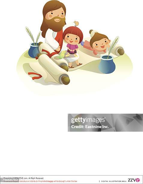 jesus christ with two children on a scroll - long beard stock illustrations