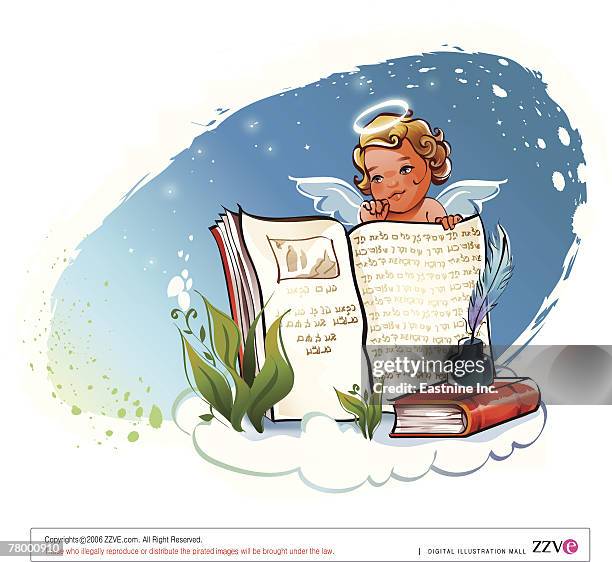angel holding the bible - open bible stock illustrations
