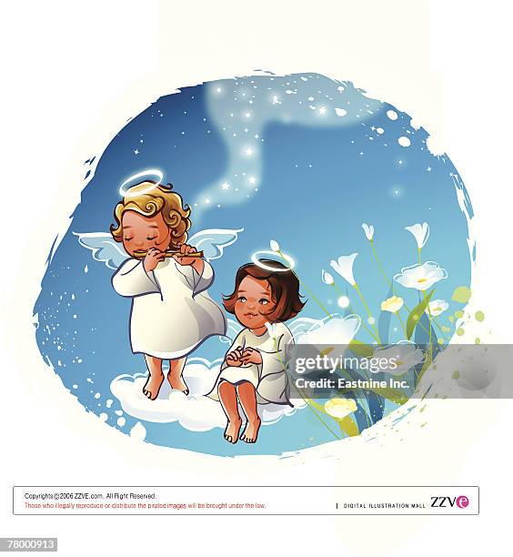 two angels sitting on the clouds - playing flute stock illustrations