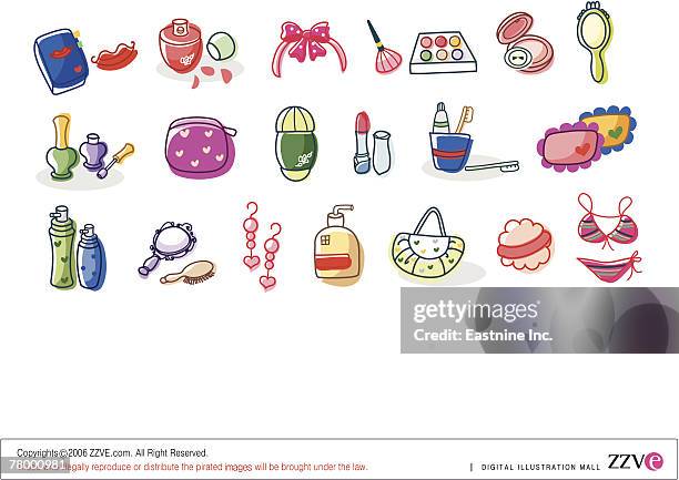 close-up of various cosmetics - toothbrush white background stock illustrations