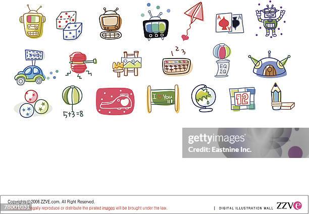 close-up of different types of objects - inflatable globe stock illustrations